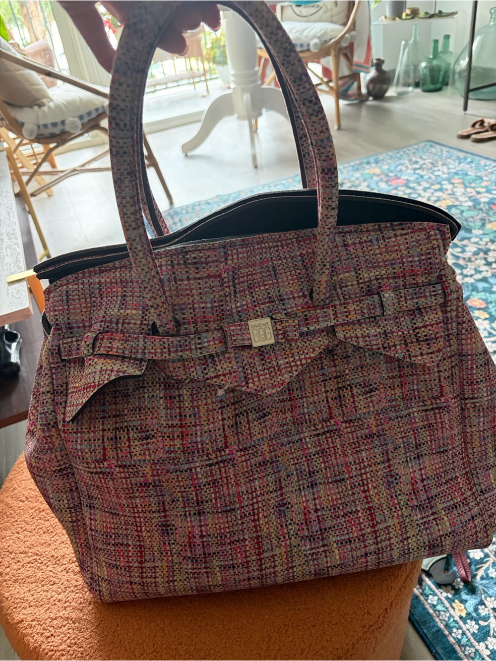 Save my Bag - made in Italy Multicolor Pink Tweed Tote Bag with Bow Accent
